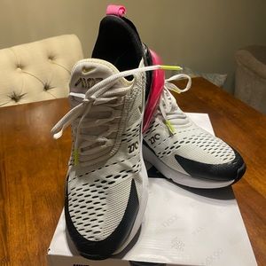 Nike Air Max Shoe 270.. white, black, fuchsia & a hint of neon yellow.